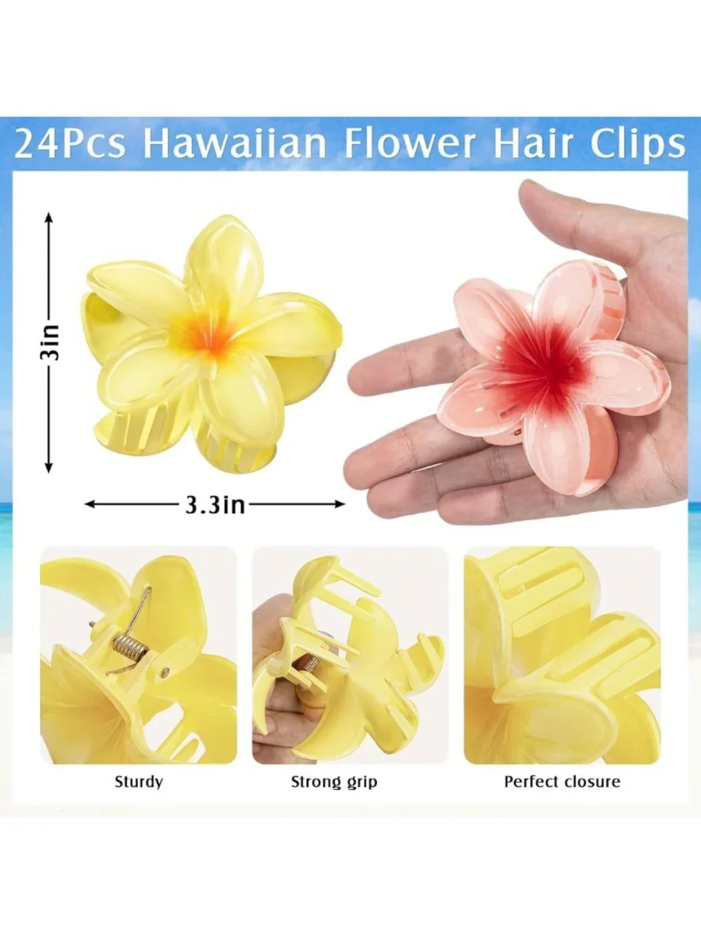 24Pcs Tropical Flower Hair Clips | Cute Plumeria Claw Clips for Beach, Luau